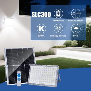 300W LED Solar Flood Lights, 15000mah 8000K Street Flood Light Outdoor IP66 Waterproof with Remote Control Security Lighting for Parking Lot, Yard, Garden, Swimming Pool, Pathway