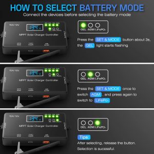 MPPT Solar Charge Controller 12V 10A, Intelligent Solar Panel Regulator with USB and Type-C Charging Ports Compatible with Gel AGM Lithium LiFePO₄ Battery for RVs Boat Car