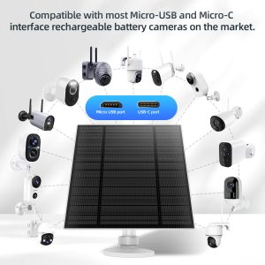 5W Solar Panels for Security Camera, Solar Panel with Micro USB & USB-C Port for DC 5V Outdoor Rechargeable Battery Camera, IP65 Waterproof, 360° Adjustable Security Mount, 9.8ft Cable(1PC)