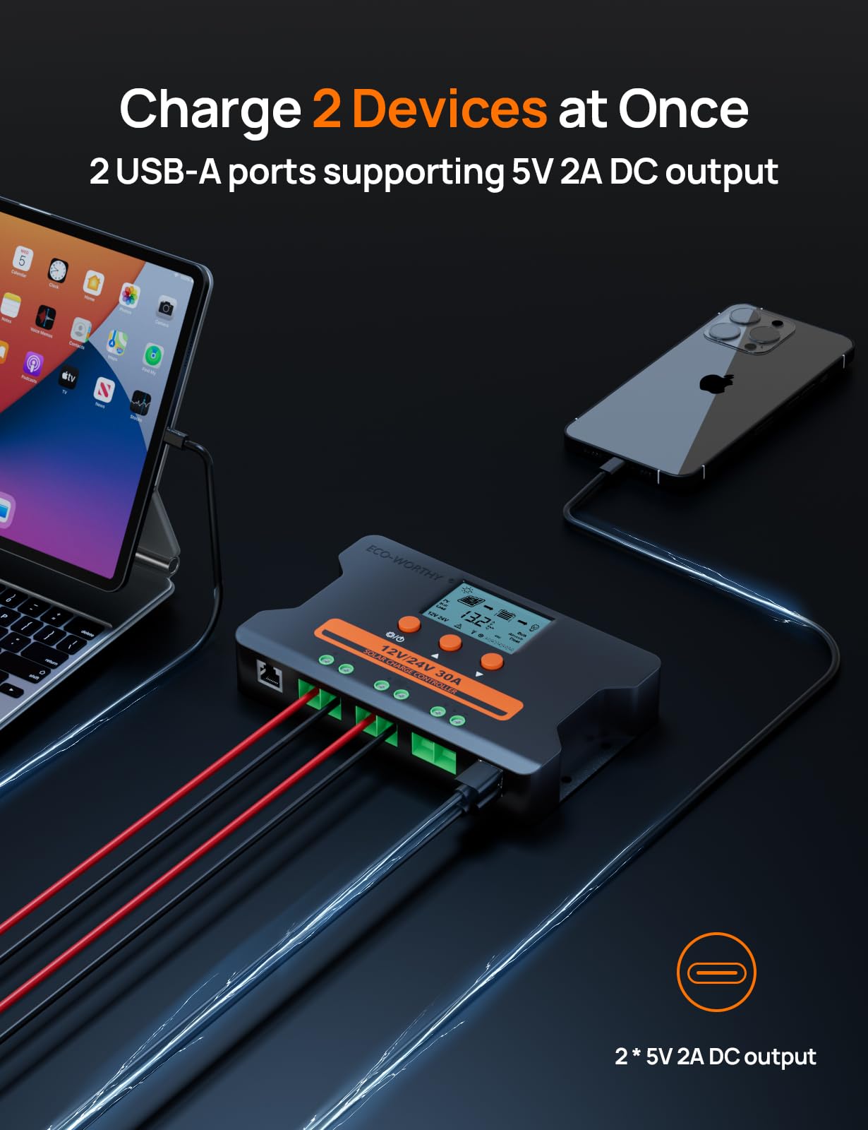 ECO-WORTHY Solar Charge Controller 30A with Bluetooth,WiFi, APP Remote Connection, Solar Panel Custom Battery Regulator, Dual USB Port Auto 12V/24V PWM for FLD/LiFePO4/SLD/GEL RV Solar System - Image 3