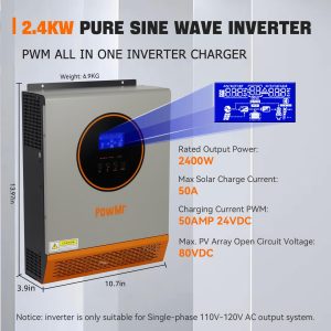 PowMr 2400W Solar Inverter, 24VDC to 110V/120VAC, Pure Sine Wave with 50A PWM Charge Controller, for Homes, RV, Hybrid Inverter for 24V Lead-Acid, Sealed Gel/AGM Battery, Off-Grid Systems