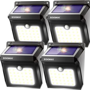 ZOOKKI Solar Outdoor Lights -120° Illumination Solar Motion Sensor Lights Outdoor - IP65 Waterproof Wireless Security Outdoor Solar Powered Lights for Garden Fence Patio Deck(28LED 4-Pack)