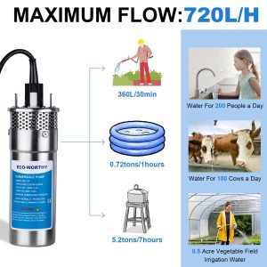 ECO-WORTHY Solar Well Pump Kit 12V DC Submersible Water Pump with 200W Solar Panel for Off-Grid Areas, Deep Wells, Irrigation, and Water Tank Filling