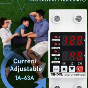 DIHOOL Adjustable Voltage Protector 110V 220V, Low/High Voltage Cutoff and Overcurrent Protection, 70-200V Undervoltage, 140-300V Overvoltage, 1-63A Smart Circuit Breaker AC Disconnect, DIN Rail Mount