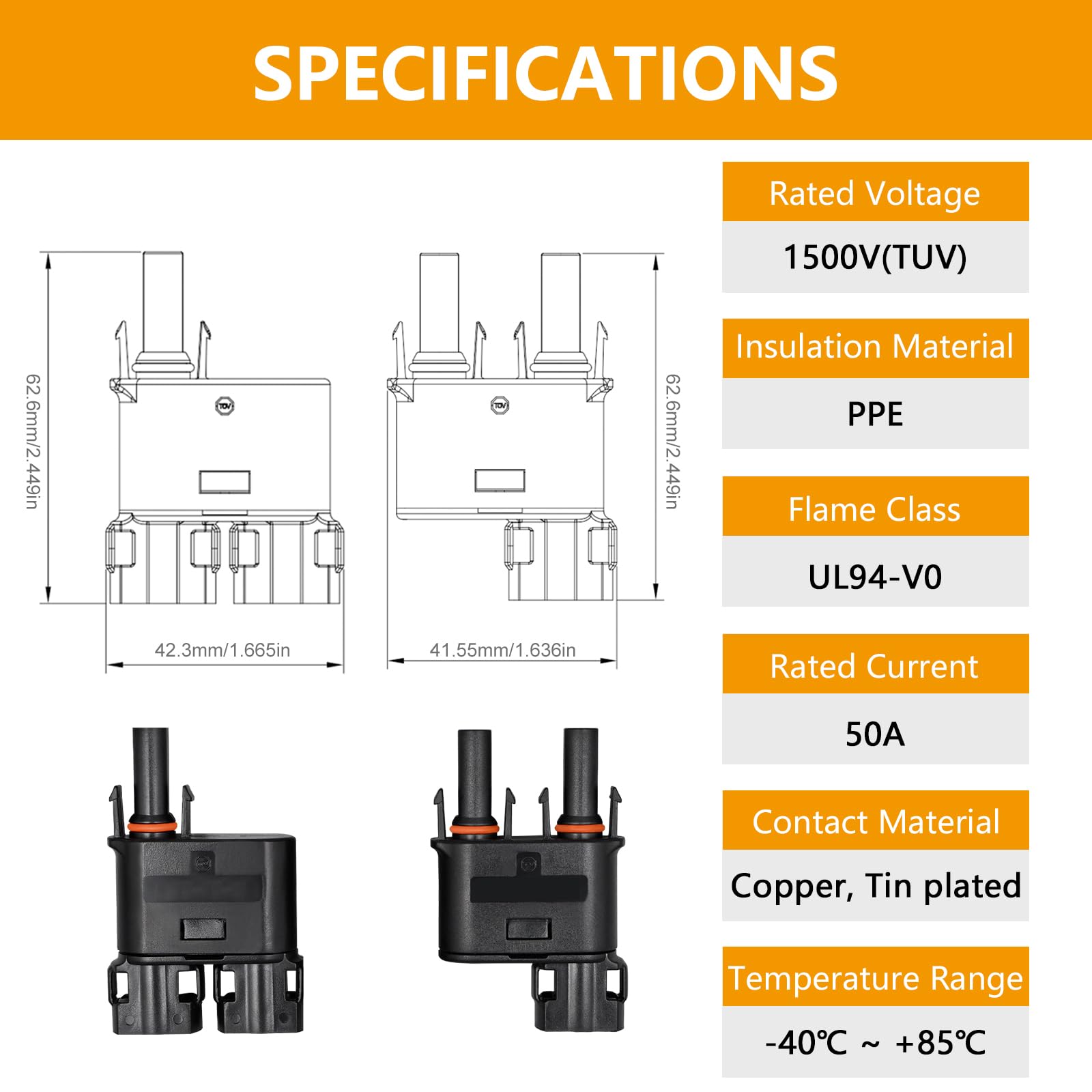 Trisinger Solar Branch Connector IP68 Waterproof 1500V Solid Copper Terminal,FMM+MFF,1 Pairs (2 to 1) - Image 3