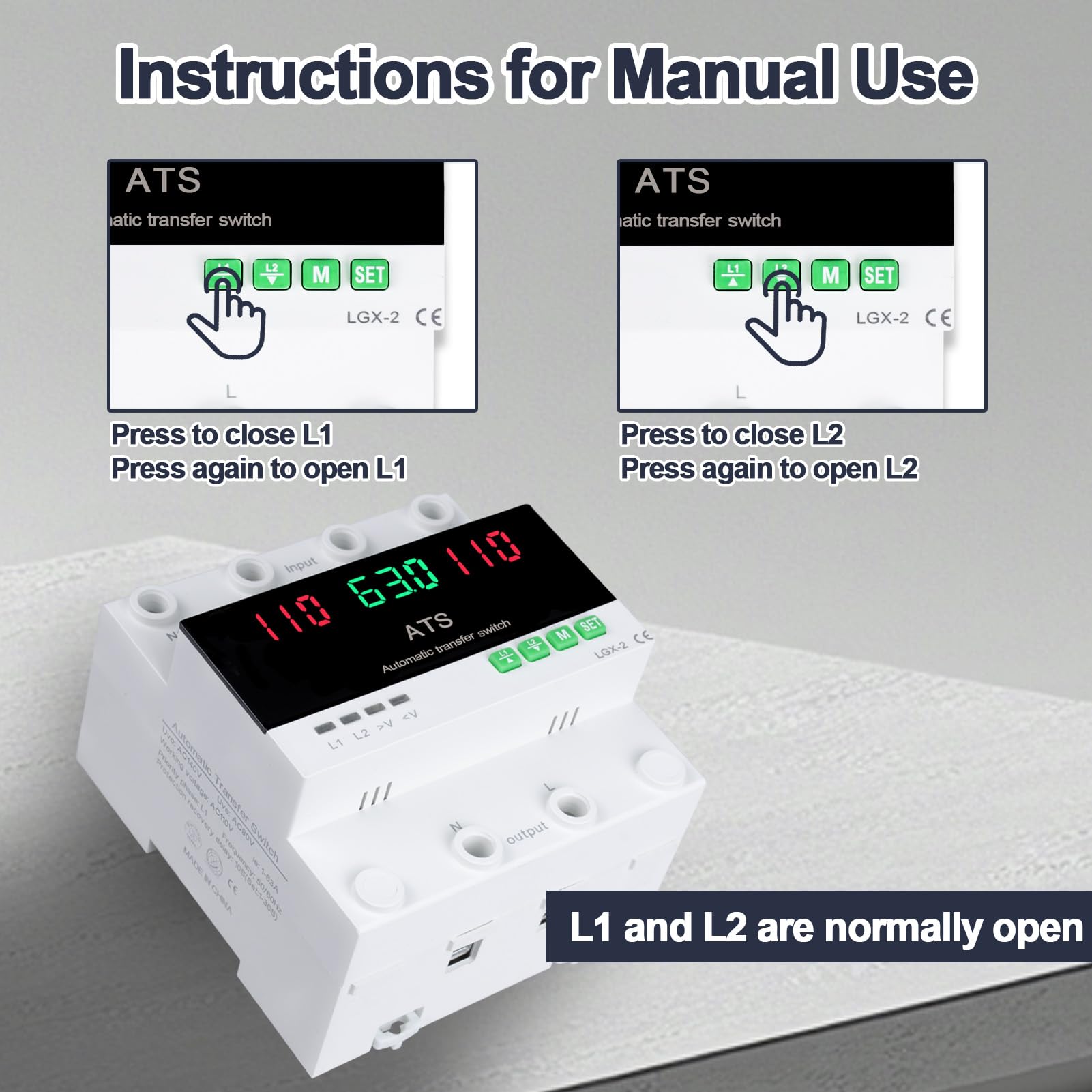 63A 110V Automatic/Manual Transfer Switch, Dual Power Selector with LED Display, L1 Priority, DIN Rail Mount,50/60Hz CE Certified ATS for Generator and Backup Power - Image 4