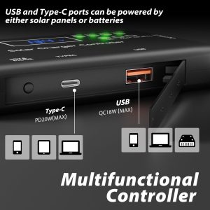 Solar Charge Controller 12V 20A, Solar Panel Charge Controller with Type-C and USB Output for Solar Panel and Gel, AGM, LiFePO₄ Battery