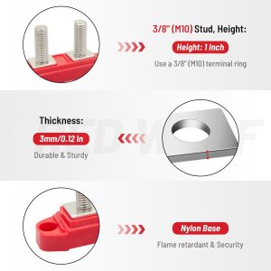 RED WOLF 2PCs 3/8" M10 Small Dual Stud Bus Bar 12-48 V Power Distribution Block Holder 150A DC MAX, Battery Terminal Junction Dual Power Stud Busbar for Car Marine Boat Red & Black Set w/Screws