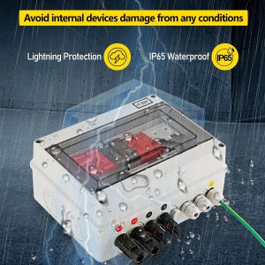 VOU 600V Solar DC PV Combiner Box,2 String with Lightning Arrester Connector for On/Off Grid Solar Panel System,2 Input 1 Out 15A Rated Current Fuse,63A Circuit Breaker,IP65 Waterproof,MCB,SPD