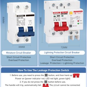 DIHOOL Ground Fault Circuit Breaker with Voltage Surge Arrester Protection, 63 Amp, 2 Poles, AC 120V-240V, DIN Rail Mount Residual Current Circuit Breaker