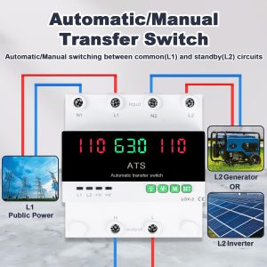 63A 110V Automatic/Manual Transfer Switch, Dual Power Selector with LED Display, L1 Priority, DIN Rail Mount,50/60Hz CE Certified ATS for Generator and Backup Power
