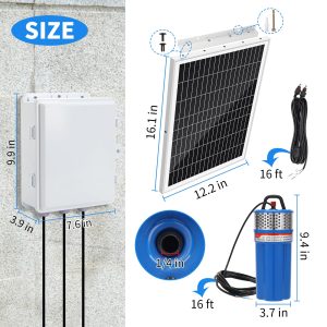 Solar Well Pump Kit with Timing Function, Submersible Solar Water Pump+Four Solar Panels(Matching Fixed Bracket)+Waterproof Box(Contains Controller, Battery, Timer) for Well, Irrigation