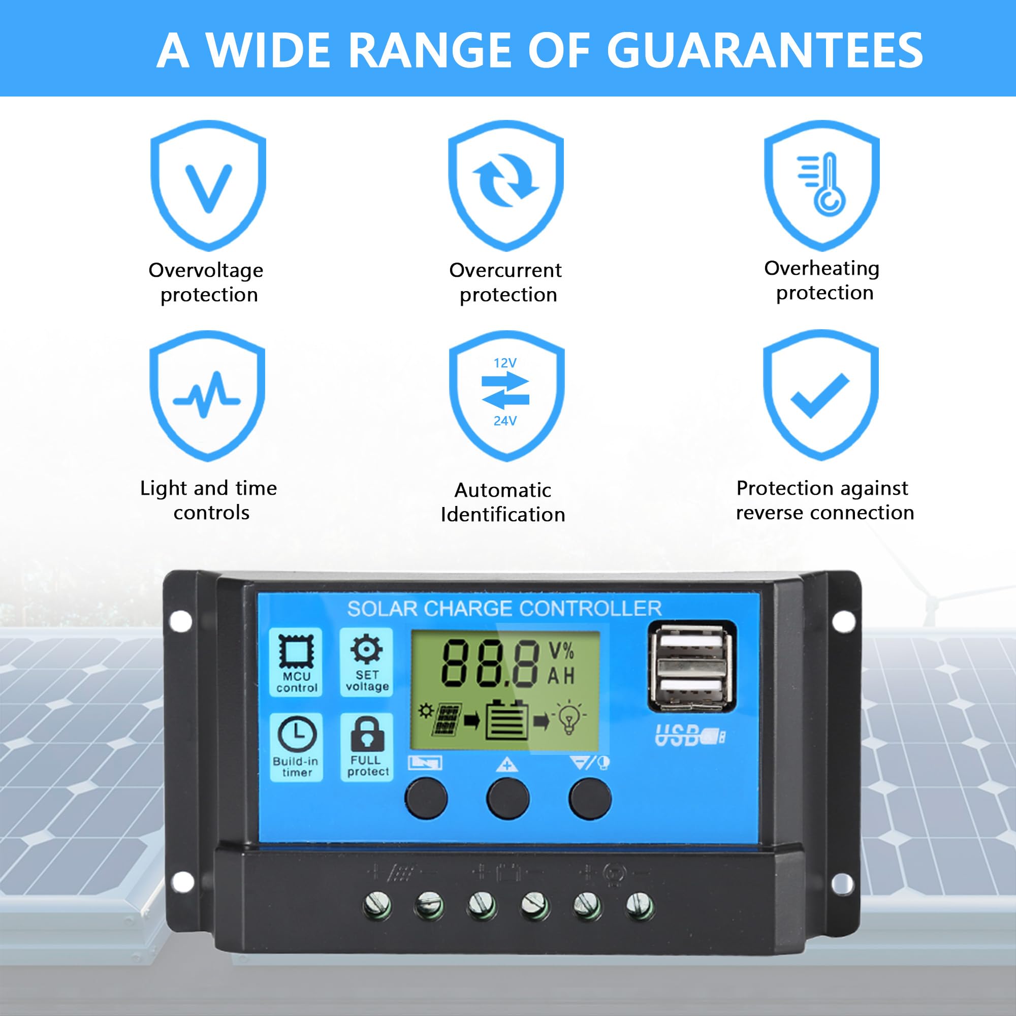 Anern 30A PWM Solar Charge Controller 12V/24V with LCD Display, Dual USB Solar Panel Battery Intelligent Regulator, Auto Parameter Adjustable, Timer Setting, Multiple Load Control Modes - Image 6