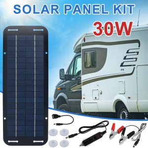 Solar Panel Kit, 30w 12v Solar Trickle Charger, 14 X 5 inch Portable Solar Powered Charger Kit with 4 Suction Cups, High-Efficiency Car Battery Charging for Car Rv Boat Motorcycl