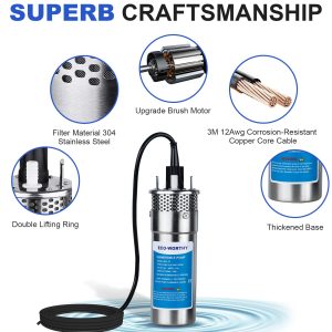 ECO-WORTHY Solar Well Pump Kit 12V DC Submersible Water Pump with 200W Solar Panel for Off-Grid Areas, Deep Wells, Irrigation, and Water Tank Filling