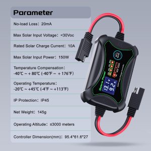 10Amp 12 Volt MPPT Solar Charge Controller, Bateria Power Intelligent Portable Solar Panel Controller, Max PV 150W 30Voc Solar Regulator for Gel AGM Lead-Acid, Lithium LiFePO4 Battery (SunRock 10)