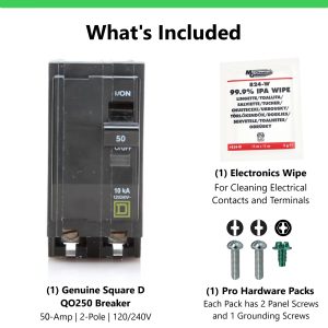FalconSupply Genuine Square D QO250 Circuit Breaker Kit, 50 Amp (50A) Double Pole (2 Pole), 120/240V AC, 10kAIC, Plug-in Mount for QO Load Centers & Panels, Visi-Trip Indicator, New Replacement