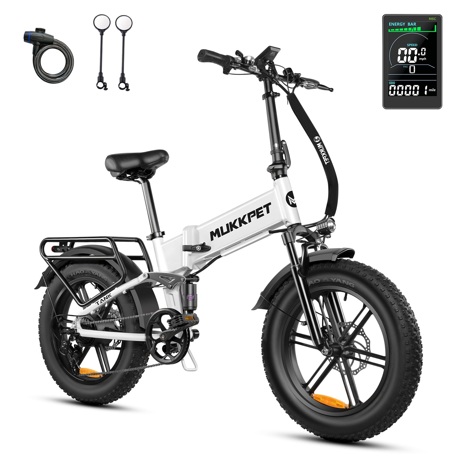 Mukkpet Tank 1500W Peak Electric Bike for Adults, 28MPH 65Miles Folding Electric Bike, 48V 15AH Battery Ebike, 20” *4.0 Fat Tires Ebike for Adults, Dual Suspension