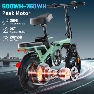 Foldable Electric Bike for Adults and Teens, 14" Folding E-Bike with 500W Motor, Electric Bicycle with 48V Removable Battery UL 2849 Certified, Commuter Mini EBikes with 25 Miles PAS Range (Green)