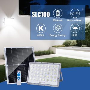 100W LED Solar Flood Lights, 5000mah 8000K Street Flood Light Outdoor IP66 Waterproof with Remote Control Security Lighting for Parking Lot, Yard, Garden, Swimming Pool, Pathway