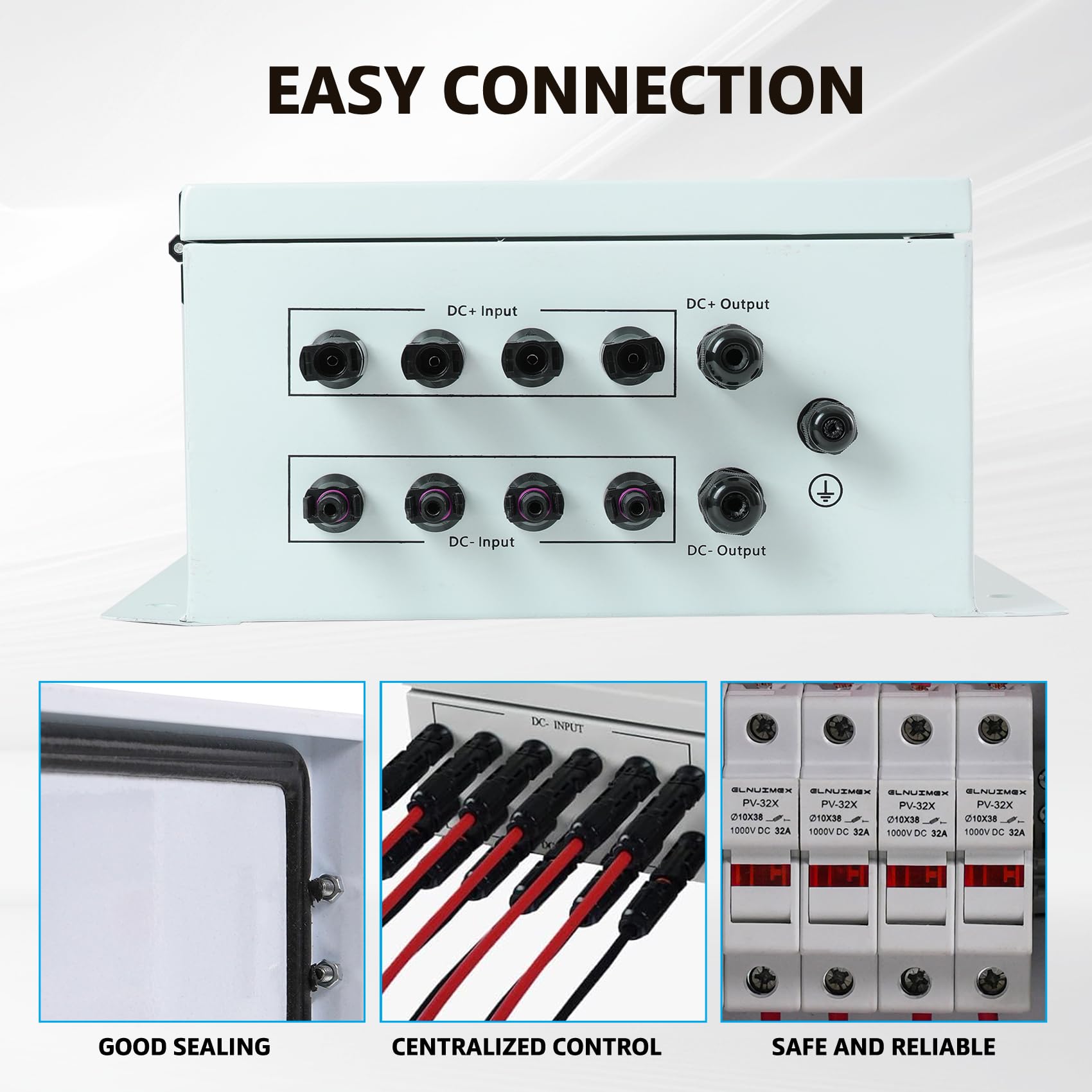 Elnuimex PV Combiner Box 4 String, IP65 Waterproof Solar Combiner with Lightning Arrester, Metal Box, 20A Rated Current Fuse and Circuit Breakers for On/Off Grid Solar Panel System - Image 3