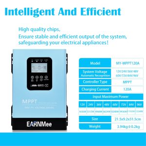 EARNMee 120A MPPT Solar Charge Controller,12V 24V 36V 48V 60V 72V 84V 96V Solar Battery Regulator PV Max 230V for Sealed Lead Acid Gel and Lithium Battery (120A)