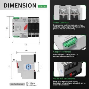 63Amp AC220V Automatic/Manual Transfer Switch 3P 50/60Hz, 3POLE 63A Mini ATS Solar Auto Dual Power Switch W2R for Home Generator, Din Rail Mount Cn Automatic Changeover Fast Transfe for,Rv,Lv Power
