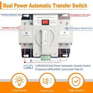2P 63A 110V Dual Power Automatic Transfer Switch, ATS Generator Changeover Switch 50HZ/60HZ, White