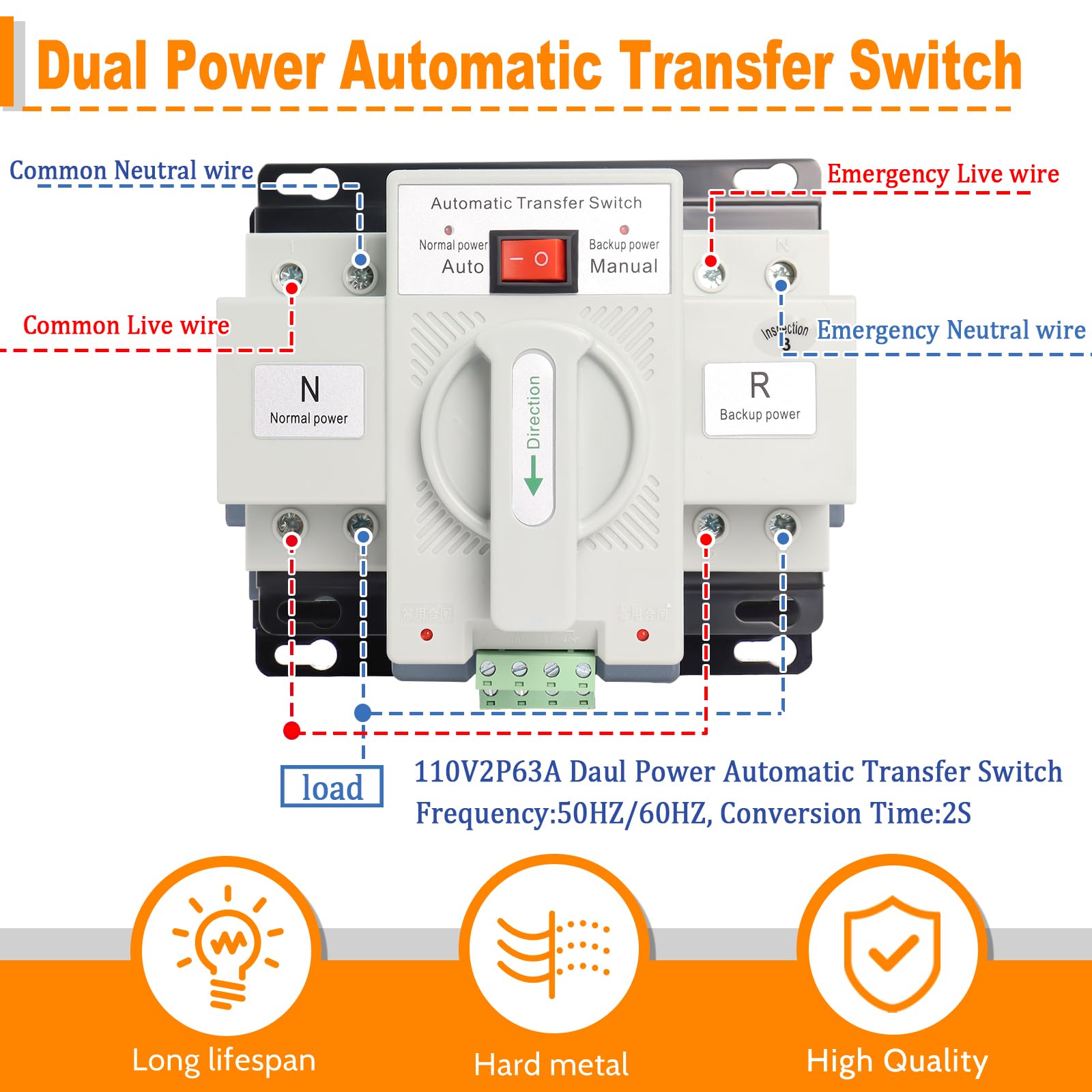 2P 63A 110V Dual Power Automatic Transfer Switch, ATS Generator Changeover Switch 50HZ/60HZ, White - Image 7