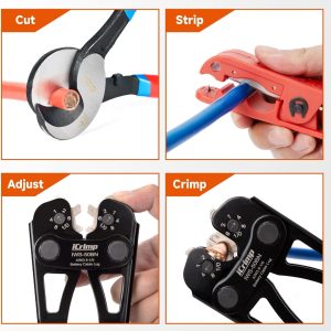 iCrimp Battery Cable Lug Crimping Tool Kit for 8-1/0 AWG - 63pcs Copper Lugs & 25pcs Heat Shrink Tubes, Wire Cutter & Stripper