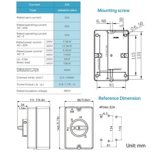 32Amp AC Disconnect Switch 690V AC Isolator Switch,4-Pole IP66 Waterproof Isolation PV Rotary Disconnect On Off Changeover 2 Position Disconnect Box Outdoor