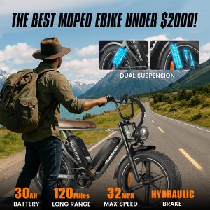 Mukkpet Ninja Moped Ebike,Peak 1500W Motor Electric Bike for Adult,120Miles 32MPH 30AH Removeable Battery Ebike,20"" x4.0 Fat Tires,7-Speed,Dual Suspension, 2 Seater (Standard)