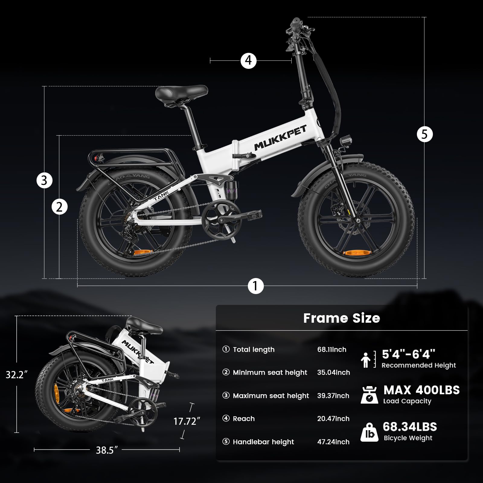 Mukkpet Tank 1500W Peak Electric Bike for Adults, 28MPH 65Miles Folding Electric Bike, 48V 15AH Battery Ebike, 20” *4.0 Fat Tires Ebike for Adults, Dual Suspension - Image 4