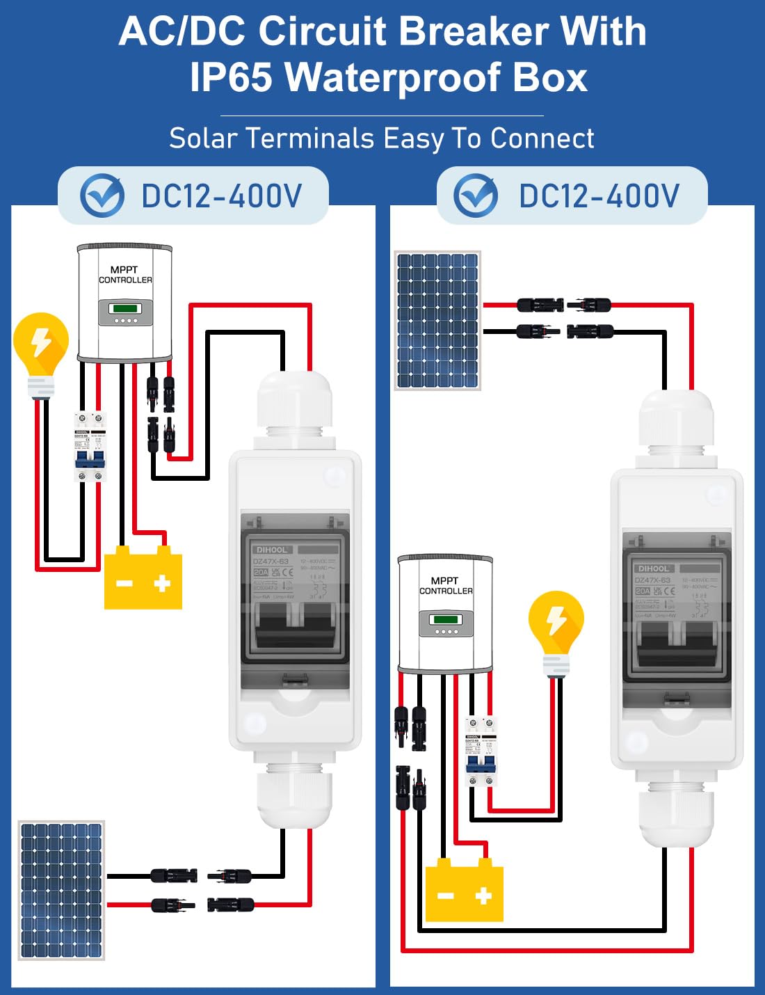 DIHOOL DC Circuit Breaker, Non Polarized, 20 Amp, 2 Pole, 12V - 400V, AC DC Disconnect Switch Box Outdoor, Battery Cutoff Isolator, PV Array MCB - Image 3