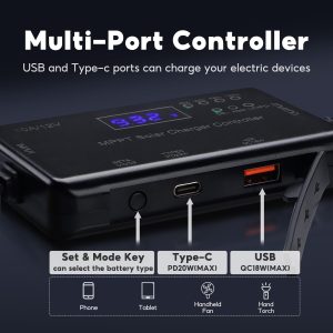 OXSUN MPPT Solar Charge Controller, 12V 10A Solar Panel Regulator with USB and Type-C outports Solar Regulator Compatible with Gel AGM LiFePO₄ Battery and SAE to Bare Wire Cable x 1