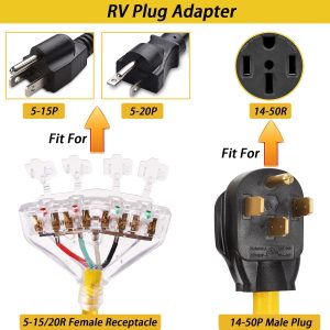 50 Amp to 110V 20 Amp RV Adapter Cord, 4 Prong NEMA 14-50P Male Plug to 4X 5-20R Household Outlet Female Connectors Adapter Cord with Dust Protection Caps, 1.5 FT, Yellow