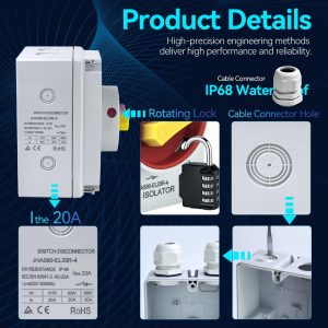 20Amp AC Disconnect Switch 4-Pole AC 800V IP66 Waterproof Isolation PV On Off Rotary Switch Ac Disconnect Box Outdoor Breaker Power Off ﻿