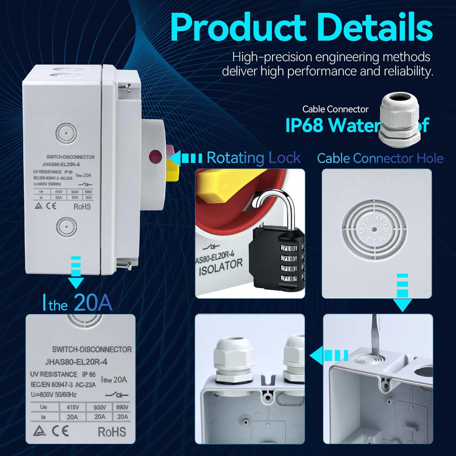 20Amp AC Disconnect Switch 4-Pole AC 800V IP66 Waterproof Isolation PV On Off Rotary Switch Ac Disconnect Box Outdoor Breaker Power Off - Image 5