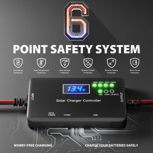 Solar Charge Controller 12V 20A, Solar Panel Charge Controller with Type-C and USB Output for Solar Panel and Gel, AGM, LiFePO₄ Battery