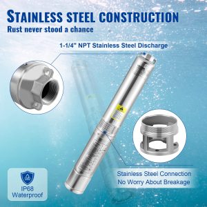 VEVOR Deep Well Submersible Pump, 1HP 115V/60Hz, 37gpm Flow 207ft Head, with 33ft Electric Cord, 4" Stainless Steel Water Pump for Industrial, Irrigation&Home Use, IP68 Waterproof Grade