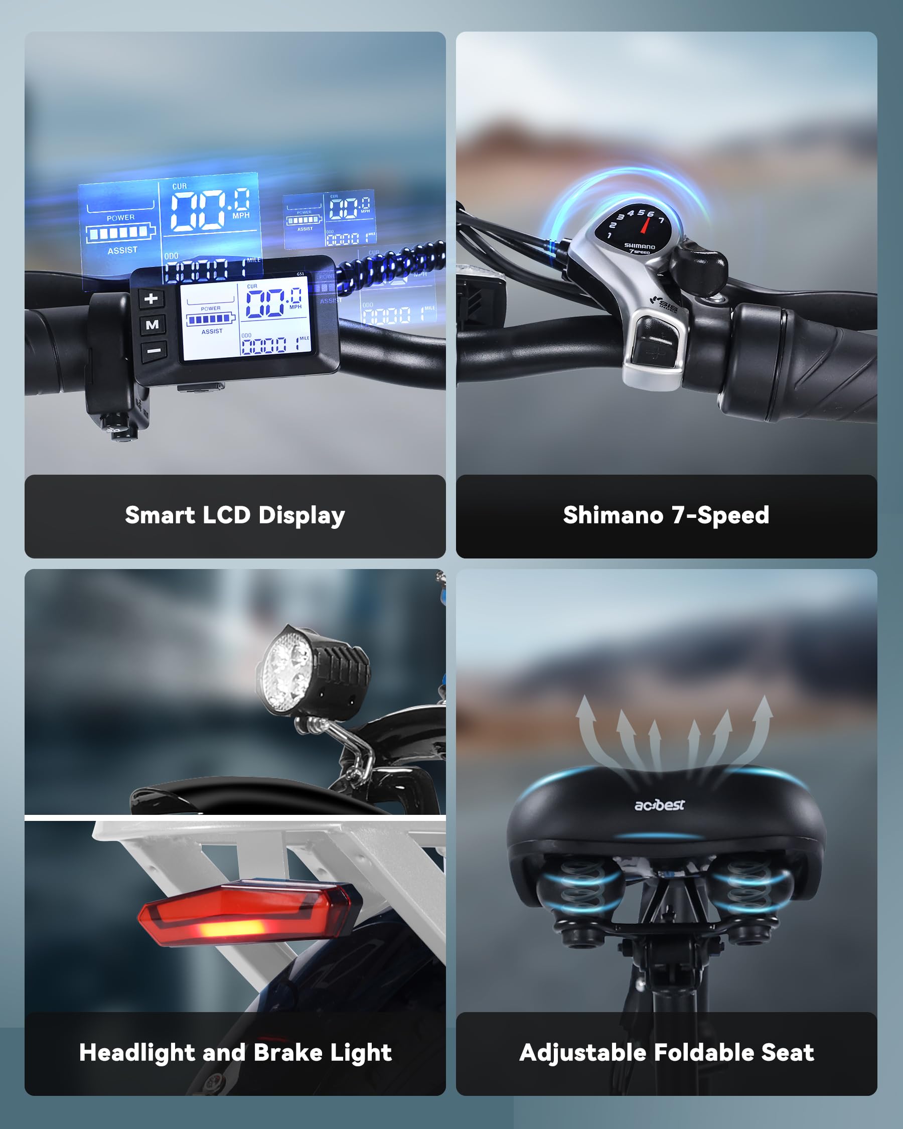 Qlife Electric Bike for Adults, Mars 20'' Fat Tire Folding Ebike with Peak 1200W Motor, 7 Speed 28MPH, 48V 499Wh Removable Battery Max Range 55 Miles, Foldable Electric Bicycle, White - Image 3