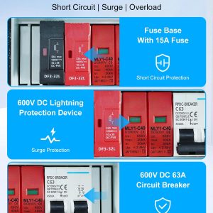 600V Solar DC PV Combiner Box, 1 String with Lightning Arrester Connector for On/Off Grid Solar Panel System, 1 Input 1 Out 15A Fuse, 63A Circuit Breaker, Waterproof ABS Enclosure