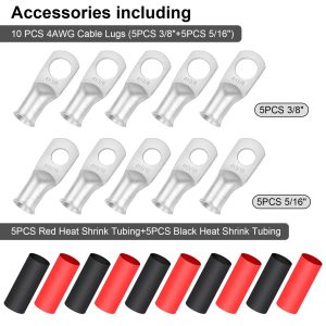 iGreely 4 AWG Gauge Wire Welding Battery Pure Copper Ultra Flexible Cable,10 Feet Black + 10 Feet Red Oxygen Free Copper OFC Welding Cable and Lugs Terminal Connectors with Heat Shrink Tubing