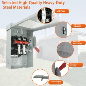 2P 60Amp Fusible Disconnect Switch, 120V/240V Heavy Duty Safety Switch, NEMA 3R Rated, for Outdoor/Indoor Use