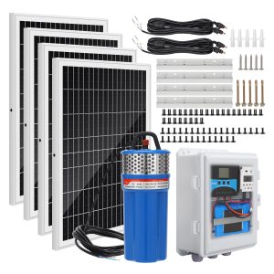 Solar Well Pump Kit with Timing Function, Submersible Solar Water Pump+Four Solar Panels(Matching Fixed Bracket)+Waterproof Box(Contains Controller, Battery, Timer) for Well, Irrigation