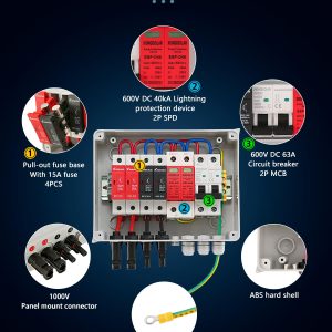 VOU 600V Solar DC PV Combiner Box,2 String with Lightning Arrester Connector for On/Off Grid Solar Panel System,2 Input 1 Out 15A Rated Current Fuse,63A Circuit Breaker,IP65 Waterproof,MCB,SPD
