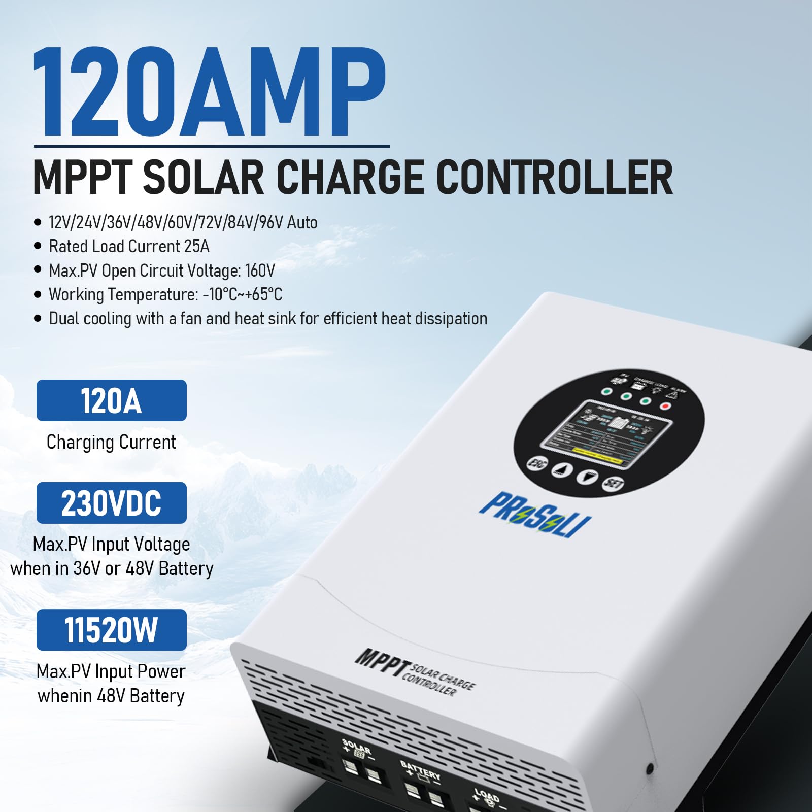 120A MPPT Solar Charge Controller, Max PV Input 230V, 12V 24V 36V 48V 60V 72V 84V 96V Auto, 120amp w/Large Solar Panel Charge Controller Intelligent Regulator for FLD/LiFePO4/SLD/GEL/AGM - Image 7