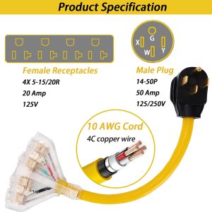 50 Amp to 110V 20 Amp RV Adapter Cord, 4 Prong NEMA 14-50P Male Plug to 4X 5-20R Household Outlet Female Connectors Adapter Cord with Dust Protection Caps, 1.5 FT, Yellow