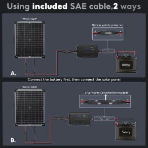 OXSUN MPPT Solar Charge Controller, 12V 10A Solar Panel Regulator with USB and Type-C outports Solar Regulator Compatible with Gel AGM LiFePO₄ Battery and SAE to Bare Wire Cable x 1