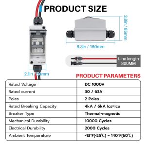 HCOVTXR 63 Amp Solar Panel Disconnect Switch,1000 VDC Solar Circuit Breaker with PV Cable,IP65 Disconnect Box Outdoor for Solar Power Panels